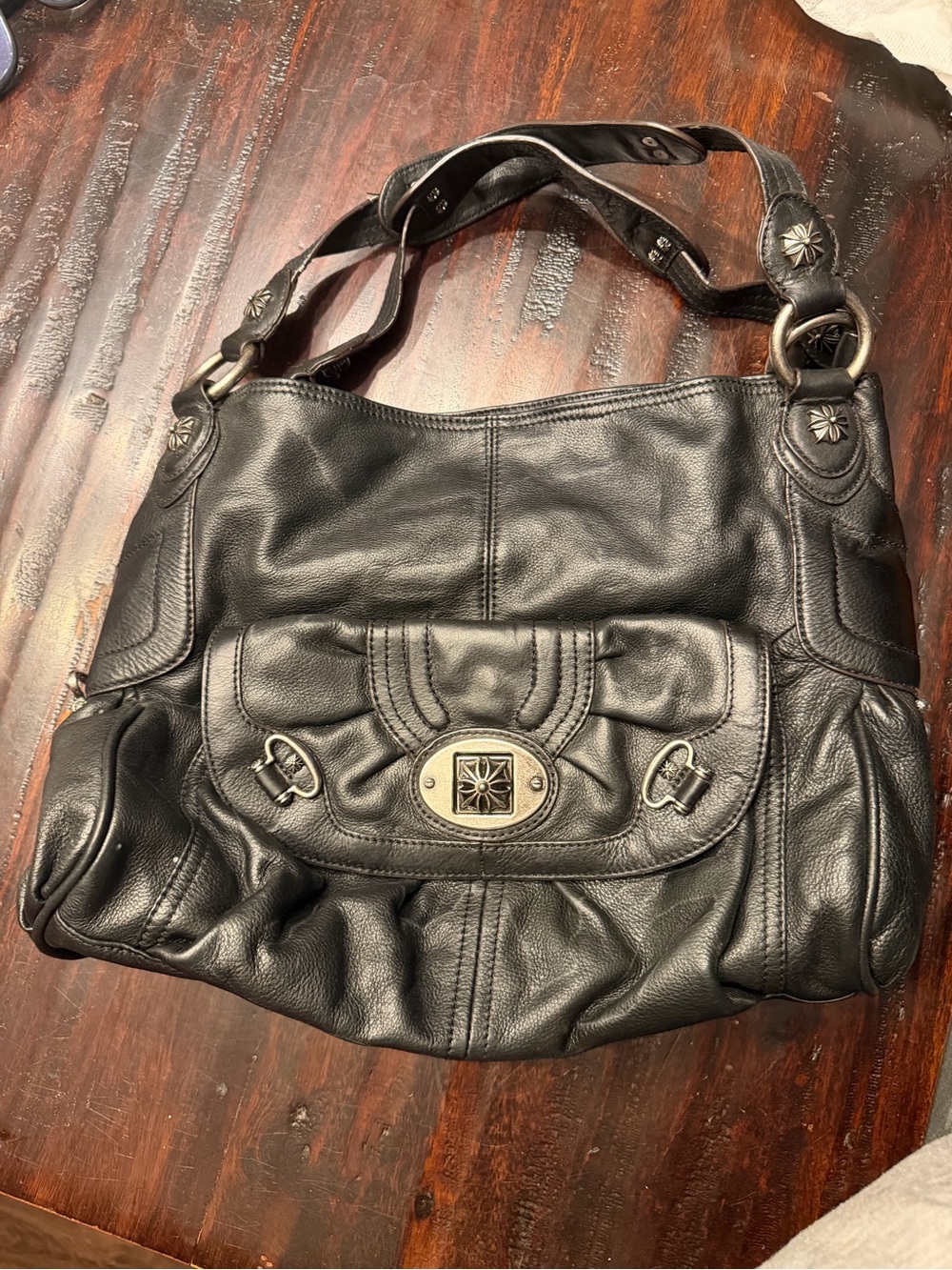 b. makowsky Black Leather Shoulder Bag with Decorative Metal Turn-Lock